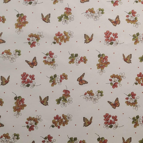 Japanese Garden by Maywood Studio - Cream Fabric / Dark Coral Pin Dot / Dark Coral, Antique Gold, Green Butterfly and Leaf Print