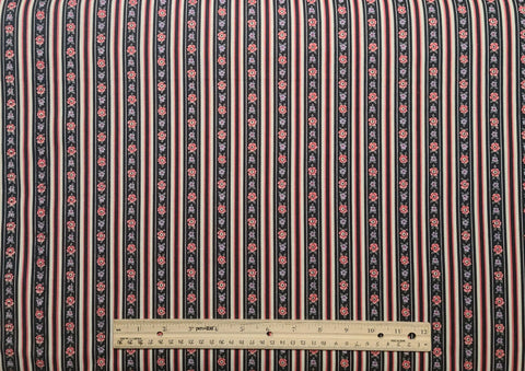 Black, White, Dark Rose Colored Floral Stripe Fabric - Selvage to Selvage Print