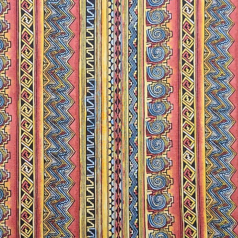 Rose, Slate Blue, Gold, Black Hyroglyphic Vertical Stripe (Parallel to Selvage) Fabric