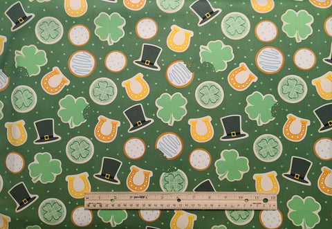 B99-DYFL-P03 2024 Brother Sister Design Studio - Green Fabric / Shamrock, Horseshoe, Leprechaun Hat Print