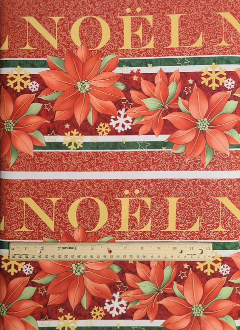 Noel by Michele Wojcicki for Avelyn - Red, White, Green, Gold Noel and Poinsettia Border Print Fabric / Gold Shimmer