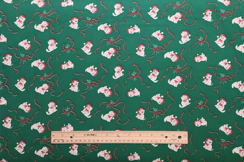 Green Fabric / White Kitten and Puppy with Santa Hat Print / Red Ribbon - Selvage to Selvage Print