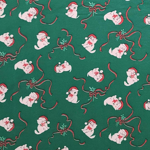 Green Fabric / White Kitten and Puppy with Santa Hat Print / Red Ribbon - Selvage to Selvage Print