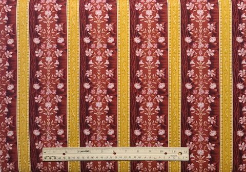 Janelle by the Benartex Studio for Benartex Style 2752 - Dark Red Tonal Floral Print Fabric / Gold Border Stripe