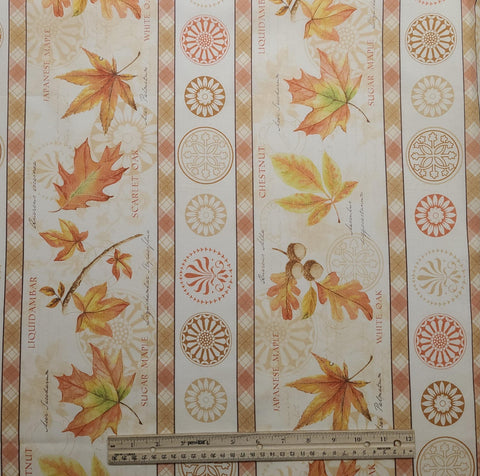 Fall Festival Jane Maday Wilmington Prints - Cream, Tan, Coral, Gold Border Stripe Fabric / Leaf, Plaid, Medallion Print