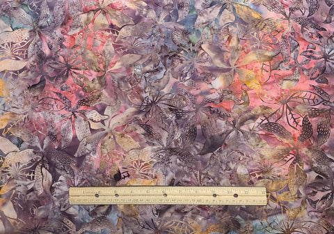 BATIK - Purple, Green, Blue, Brown Flower and Leaf Tjap Patterned Fabric