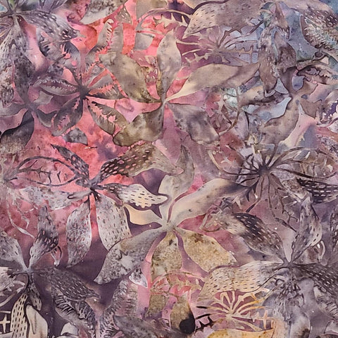 BATIK - Purple, Green, Blue, Brown Flower and Leaf Tjap Patterned Fabric