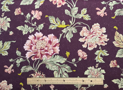 Boundless Fabrics by Craftsy Cour de Fleur - Dark Wine-Colored Fabric / Tone-on-Tone Vine / Giant Pink and White Flower / Green Leaf, Vine
