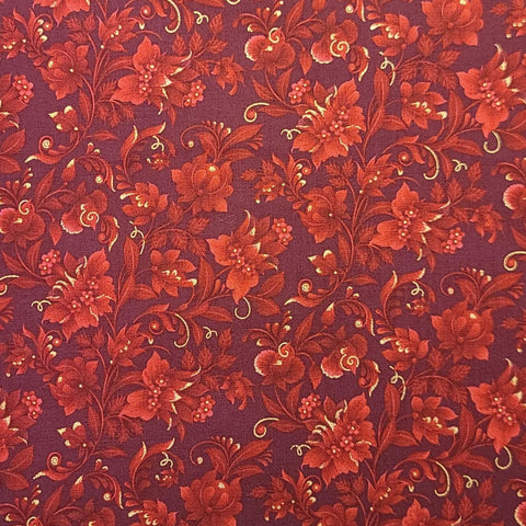 Kiev Metallic M2805-Red by Maureen McNaughton for Elizabeth Studio - Burgundy Fabric / Red Silhouette Flower Print / Gold Metallic Accents
