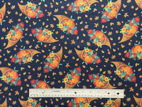 Harvest Festival Black BTR5897-B Blank Quilting 2010 - Black Fabric / Tossed Cornucopia Leaf and Pumpkin Print