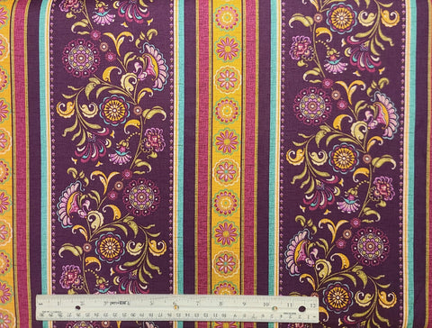 Ravello Stripe for Benartex 1686-66 - Burgundy, Turquoise, Gold Floral Border Stripe Print Fabric