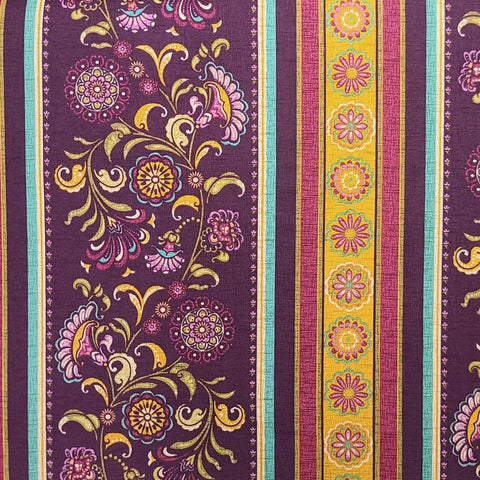 Ravello Stripe for Benartex 1686-66 - Burgundy, Turquoise, Gold Floral Border Stripe Print Fabric