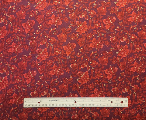 Kiev Metallic M2805-Red by Maureen McNaughton for Elizabeth Studio - Burgundy Fabric / Red Silhouette Flower Print / Gold Metallic Accents