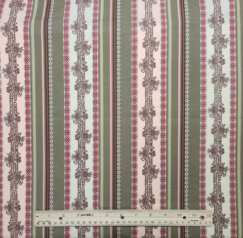 Dashing Roses Collection DR-303 for Art Gallery Fabrics - Cream, Pink, Burgundy, Olive Reproduction Style Floral Border Stripe Fabric