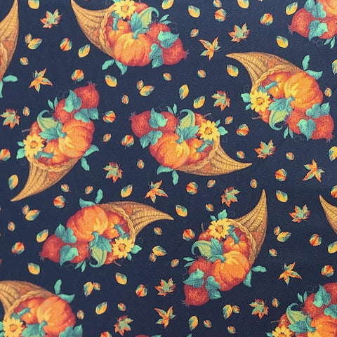 Harvest Festival Black BTR5897-B Blank Quilting 2010 - Black Fabric / Tossed Cornucopia Leaf and Pumpkin Print