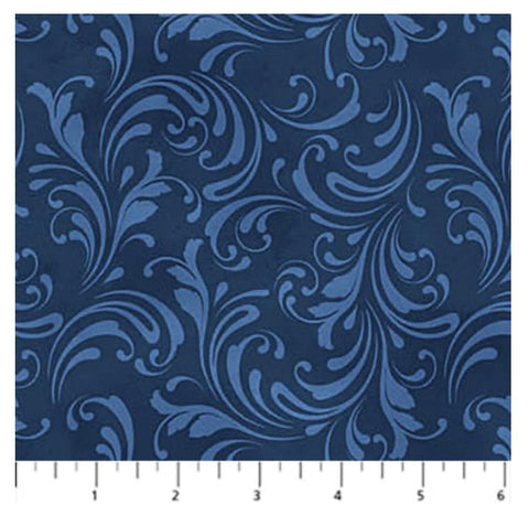 St. Nicholas by Liz Goodrick-Dillon for Northcott 28216-48 Dark Blue Scroll - Dark Blue Fabric / Lighter Blue Scroll Pattern