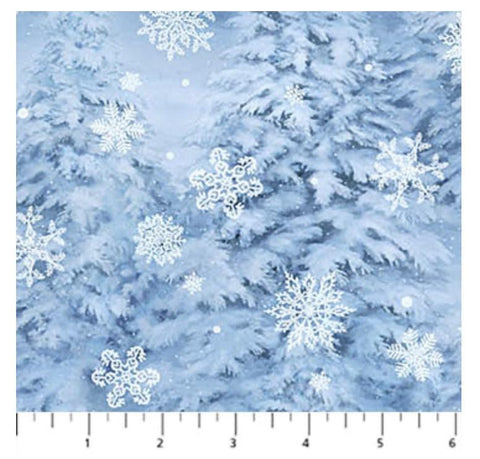 St. Nicholas by Liz Goodrick-Dillon for Northcott 28217-46 Mid Blue Snowy Trees - Blue Fabric / Dark Blue, Pale Blue Tree Print, Snowflake