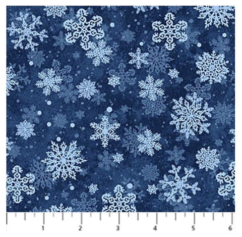 St. Nicholas by Liz Goodrick-Dillon for Northcott 28219-46 Blue Snowflakes 2 - Dark Blue Fabric / Blue, White Snowflake Silhouette Print