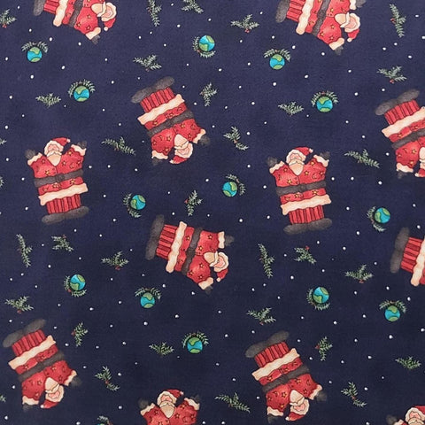KP Kids & Co by Kari Pearson for SSI - Dark Blue Fabric / Tossed Santa and Globe Print