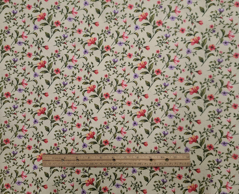 Primrose 8937 by Fabri-Quilt - Cream Fabric / Pink, Lavender, Green Flower and Vine Print