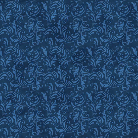 St. Nicholas by Liz Goodrick-Dillon for Northcott 28216-48 Dark Blue Scroll - Dark Blue Fabric / Lighter Blue Scroll Pattern