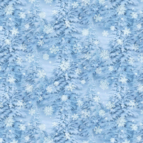 St. Nicholas by Liz Goodrick-Dillon for Northcott 28217-46 Mid Blue Snowy Trees - Blue Fabric / Dark Blue, Pale Blue Tree Print, Snowflake