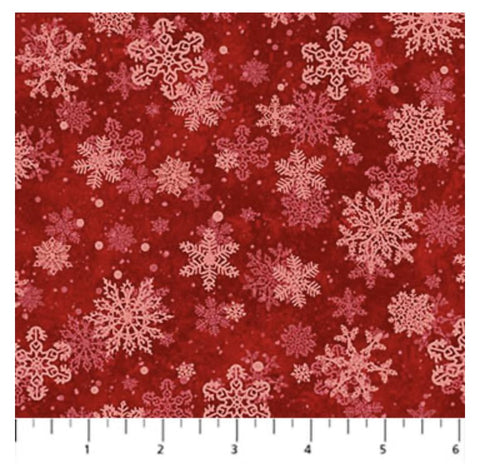 St. Nicholas by Liz Goodrick-Dillon for Northcott 28219-24 Red Snowflakes 2 - Dark Red Fabric / Red, Pink Snowflake Silhouette Print