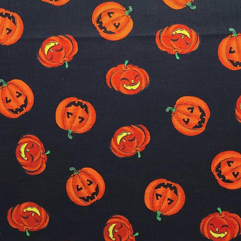 Black Fabric / Tossed Jack-O-Lantern and Pumpkin Print - Selvage to Selvage Print
