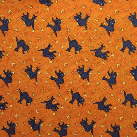 Debbie Mumm for JoAnn Fabrics - Orange Crosshatch Fabric / Tossed Charcoal Gray Cat, Gold Star and Moon Print