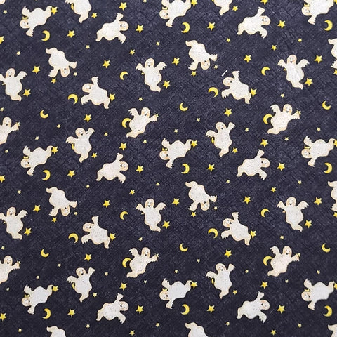 Debbie Mumm for JoAnn Fabrics - Black, Charcoal Gray Crosshatch Fabric / Tossed Ghost, Star, Moon Print / Gold Glitter Accents