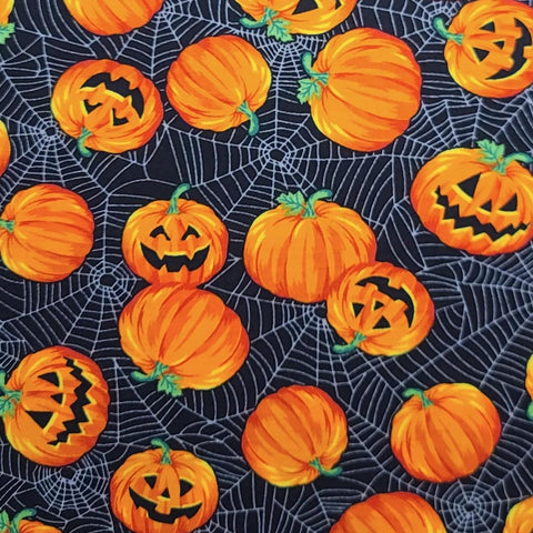 JoAnn Fabrics - Black Fabric / Gray Spiderweb / Tossed Jack-O-Lantern and Pumpkin Print