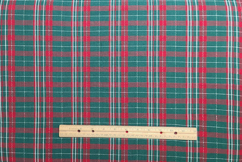 Woven Cotton Fabric / Red, Green Plaid / White Embroidered Vintage "Textured" Stitch