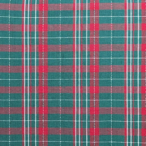 Woven Cotton Fabric / Red, Green Plaid / White Embroidered Vintage "Textured" Stitch