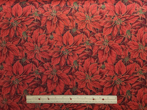 Season's Greetings by Fabric-Quilt Inc 602 - Red, Dark Red Packed Poinsettia Print Fabric / Gold Metallic Accents