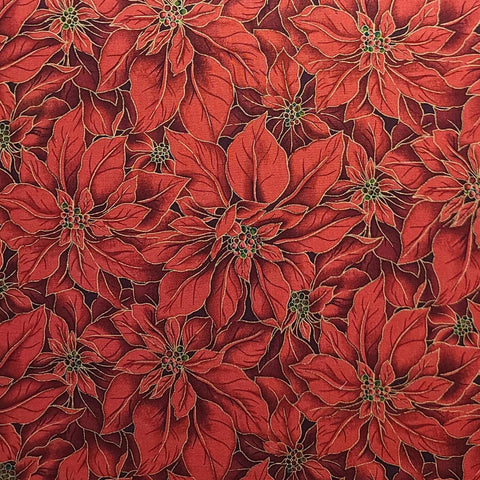 Season's Greetings by Fabric-Quilt Inc 602 - Red, Dark Red Packed Poinsettia Print Fabric / Gold Metallic Accents