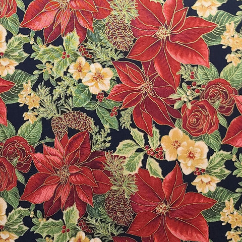 Woodland Splendor 9196 HMK LLC - Black Fabric / Red, Green, Cream, Tan Poinsettia, Pinecone, Rose Print / Gold Metallic Accents