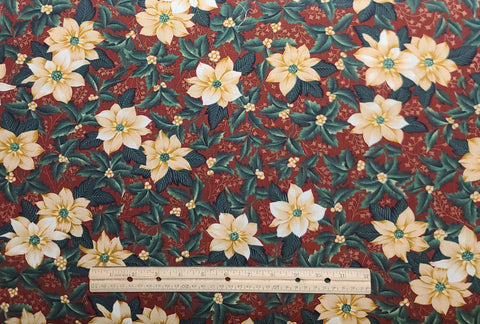 Christmas Eve by Moda - Brick Red Fabric / White, Green Holly and Poinsettia Print