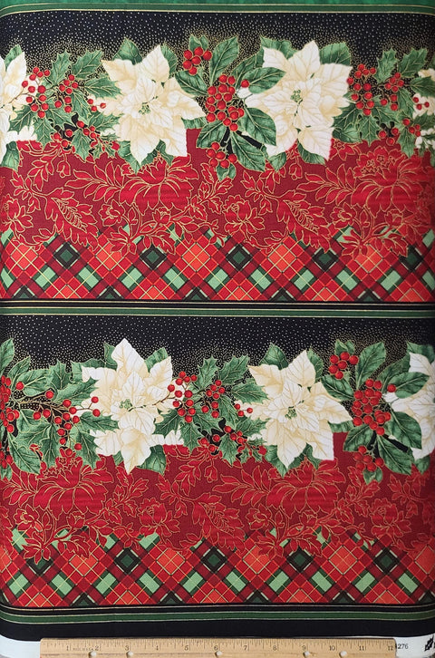 Timeless Treasures Fabrics of SoHo HOLIDAY-CM4274 - Black, Red, Green, White Poinsettia, Holly Fabric / Gold Metallic Accents