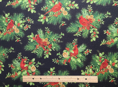 Hi-Fashion Fabrics 6681 - Black Fabric / Red, Green, Gold Metallic Cardinal, Holly, Fir Bough Print