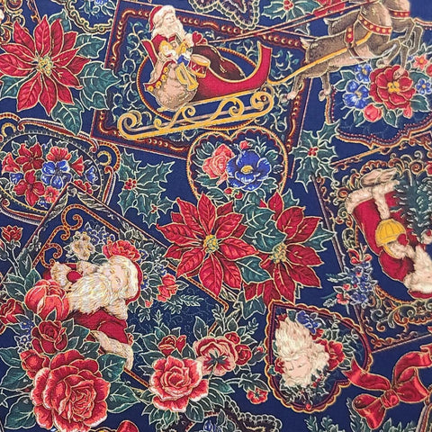 VIP Cranston Print Works by Joan Messmore - Dark Blue Fabric / Vintage Poinsettia, Rose Print / Gold Metallic Accents