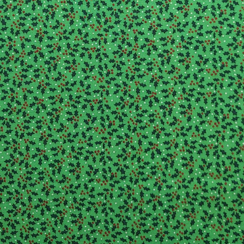 Bright Green Fabric / Dark Green, Red, White Holly Leaf and Berry Print - Selvage to Selvage Print