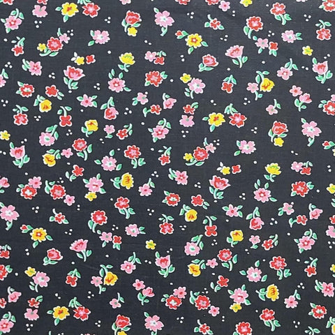 Peter Pan Fabrics 58" WIDE - Black Fabric / Red, Pink, Yellow Tossed Flower Print