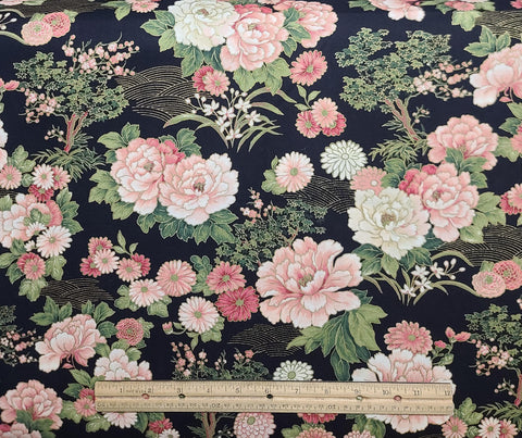 VIP Cranston Print Works - Black Fabric / Cream, Pink, Coral, Green Asian Garden Print / Gold Metallic Accents