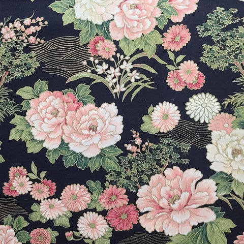 VIP Cranston Print Works - Black Fabric / Cream, Pink, Coral, Green Asian Garden Print / Gold Metallic Accents
