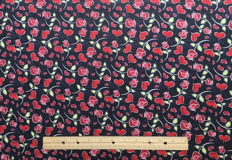 JoAnn Fabrics - Black Fabric / Gray Rose Silhouette / Red and White Rose and Heart Print