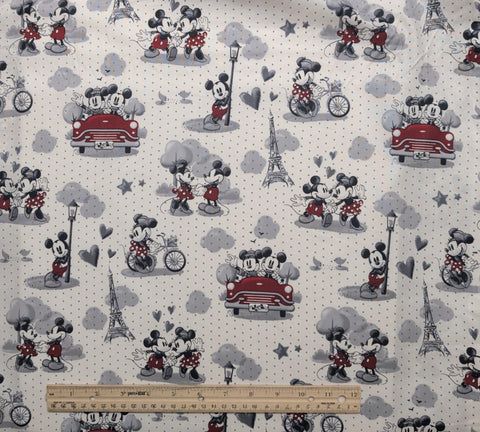 CP65215 Vintage Scenes of Romance Disney Springs Creative 2024 - White Fabric/Gray Pindot / Black, Red, Gray Mickey and Minnie Eiffel Tower