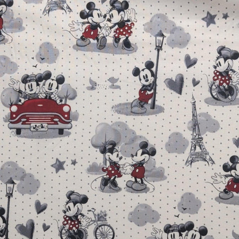 CP65215 Vintage Scenes of Romance Disney Springs Creative 2024 - White Fabric/Gray Pindot / Black, Red, Gray Mickey and Minnie Eiffel Tower
