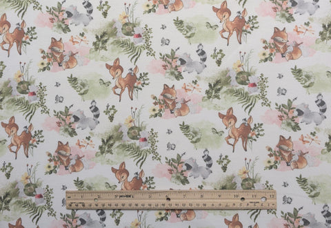 CP80526 Nature Baby Kate Ward Thacker Springs Creative 2024 - White Flannel Fabric / Deer, Raccoon, Fox Juvenile Print