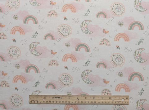 CP80528 Moon Beam Garden Kate Ward Thacker Springs Creative 2024 - White Flannel Fabric / Coral, Pink, Gray Moon and Rainbow Print