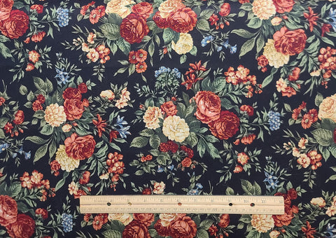 VIP Cranston Print Works - Black Fabric / Red, Cream, Blue, Green Flower Print